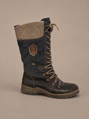 Women's Remonte Black Lace-Up Combat Boots with Tan Cuff